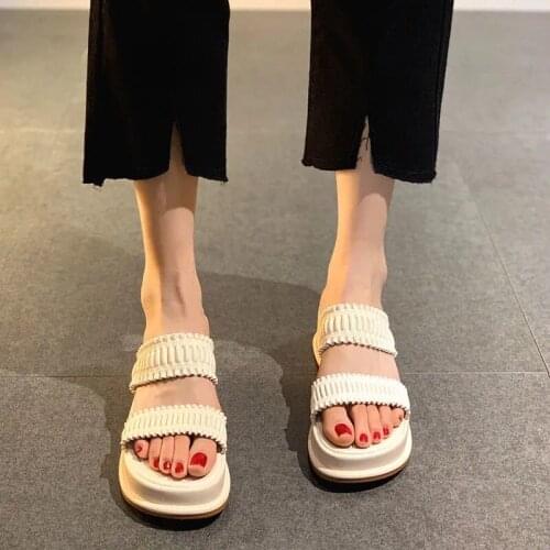 2021 Summer Leather Two Weave Woman Slippers Summer Slip on Flat Slides Solid Flats Casual Woman Slides Ladies Outdoor Shoes