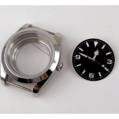 Steel Automatic 39mm Polished Men Watch Case fit NH35A NH36A MIYOTA 8215 Seeing Glass Back Luminous Marks Dial Hand Set
