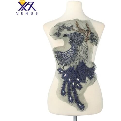 XINFANGXIU 1Pcs Hand-sewn Peacock Applique Beaded Embroidery Patches Large Size Motif Rhinestone Patches For Wedding Dresses