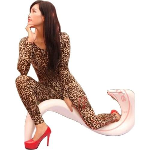 Plus Size Sexy Lycra Leopard Bodycon Rompers Womens Jumpsuit Zipper Open Crotch Long Sleeve Bodysuit Body Sculpting Suit Set