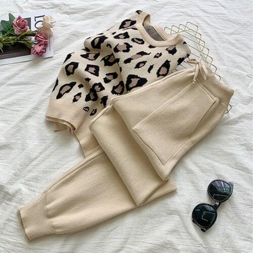 Womens Long Sleeve Knit Leopard Pullover Sweaters+Elastic Waist Pants Sets Fashion Trousers Two Pieces Costumes Outfit