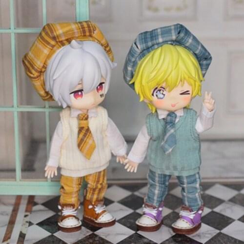 5Pcs/Set Ob11 [Shirt+Pant+Hat+Vest+Tie] Obitsu11 Plaid Clothes (Fit BJD12, Cu-Poche, P9, Molly,Middle Blyth, 1/12Dolls)