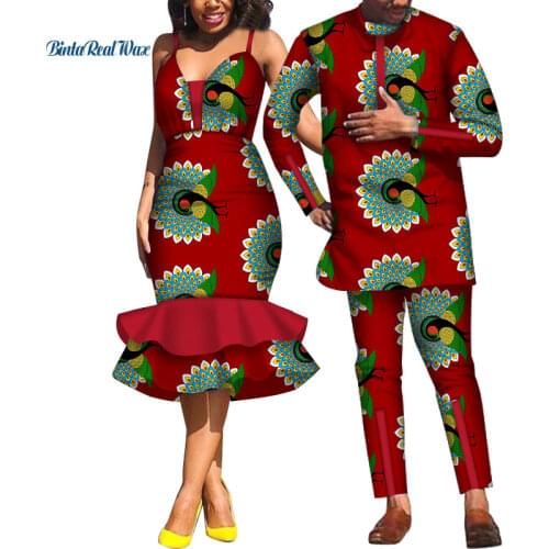 African Dresses for Women Bazin Mens Shirt and Pants Sets Lover Couples Clothes Print Sling Dress African Design Clothing WYQ532