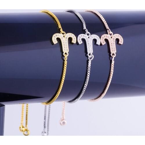 Ali Moda 12 Zodiac Symbol Paved Zircon Aries Connector Brass Charm Bracelet&Bangle Fit Handmade Women Christmas Gift Jewelry