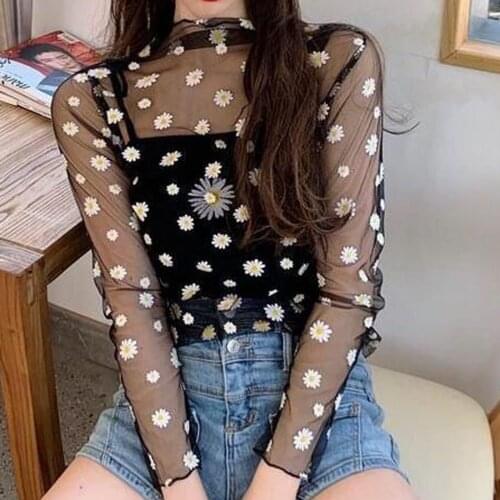 Daisy Print Blouse Women Sexy Casual O-neck Long Sleeve Loose Ladies Mesh Shirts Korean Style Transparent Women Blouse Female