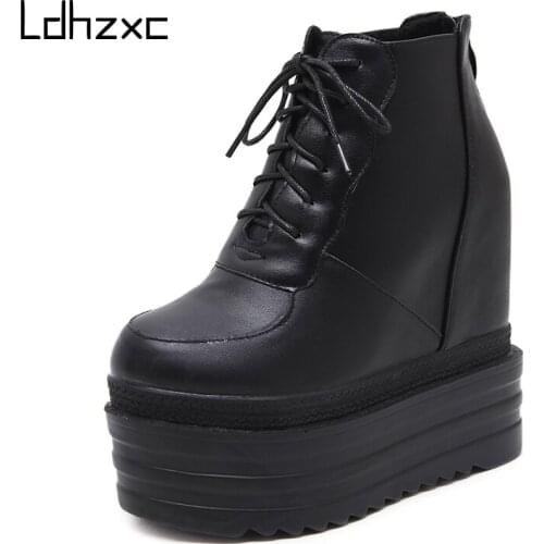 LDHZXC Lace Up Wedges Heels Boots For Women Back Zipper Autumn And Winter Waterproof Platform Ankle Boots Soft Leather Retro