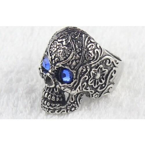 Mens Blue CZ Eyes Gothic Poker Skull Flower Stainless Steel Biker Ring Mens Jewelry