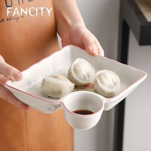 FANCITY Japanese dumpling plate, dumpling plate with vinegar plate, ceramic home creative sushi plate, divided plate