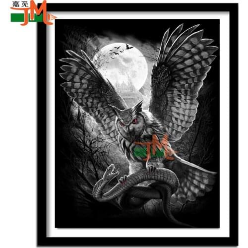 5D DIY Full Round Drill Diamond Painting Owl And Snake Cross Stitch Embroidery Black And White Animals Moon Mosaic Sticker Decor