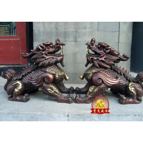 China Bronze Copper Feng Shui Avoid Evil Foo Dog Lion Brave troops Chi-lin Pair