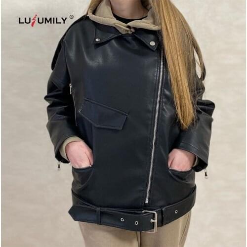Lusumily Womens PU Faux Leather Jacket Loose Sashes Casual Biker Jackets Female Tops Europe Style Black Jackets Tops Coat