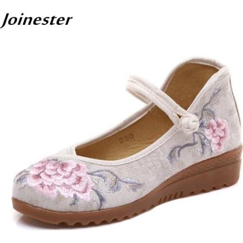Summer Women Cotton Fabric Loafers Embroidered Mary Jane Casual Wedges Sandals Ladies Ethnic Dress Pumps Button Dancing Shoes