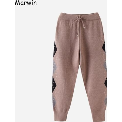 Marwin 2020 New-Coming Winter Plaid Straight Elastic Waist High Street Style Loose Pants Thick Women Knitted Trousers