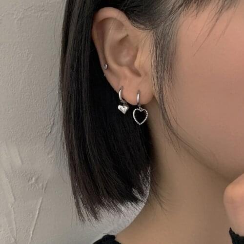 Fashion Silver Color Hoop Earring Asymmetry Heart Charm Studs Earrings for Women Girls Charm Party Jewelry Accessories