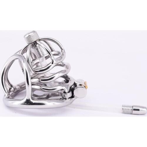 Stainless Steel Male Chastity Cage with Anti-off Ring Locking Metal Penis Ring with Urethral Catheter Dilator Testicle Bondage