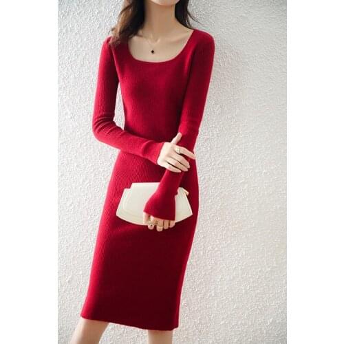 Autumn Winter 100% Wool Thicken Straight Sweater Dress Warm Chic Basic Knit Pullover Women Slim Midi Dress Female Casual Dresses
