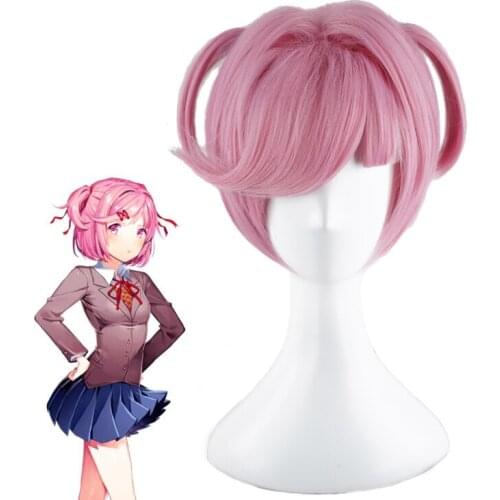 Game DDLC Doki Doki Literature Club Natsuki Pink Short Wig Cosplay Costume Women Heat Resistant Synthetic Hair Party Wigs