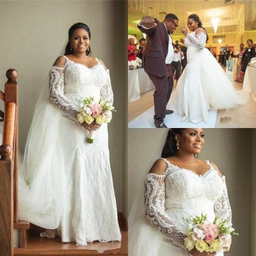 African Luxury Long Sleeves Plus Size Wedding Dress Sexy Lace Appliqued Detachable Train Mermaid Wedding Gowns Sheer Jewel Neck