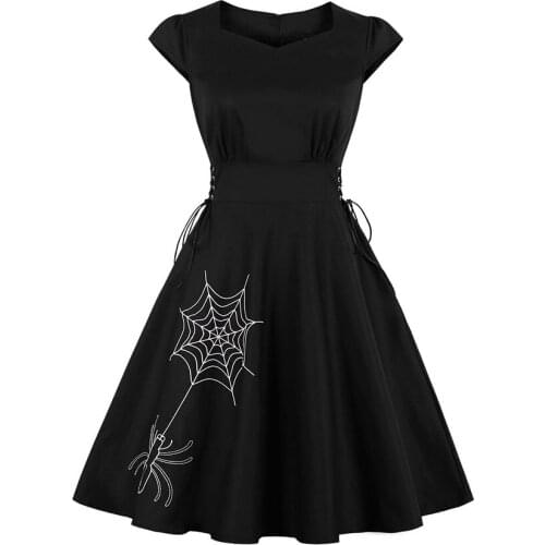 Black Women Dress Plus Size A Line Spider Web Embroidery Summer Short Sleeve Lace Up Gothic Casual Stylish Female Retro Dresses