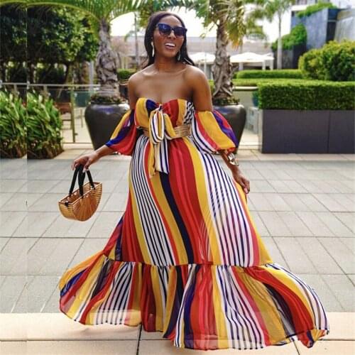 VAZN 2021 Plus Size Early Autumn Striped Vacation Chiffon Loose Maxi Long Dress Sexy Strapless Half Sleeve Young Women Dress