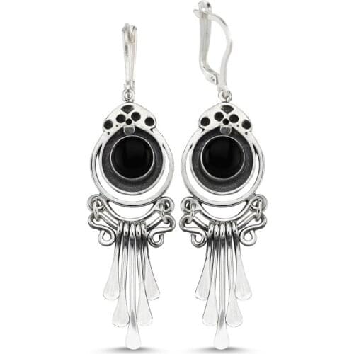 Silver 925 Sterling Onyx Gemstone Dangle Hand Handwork Earrings