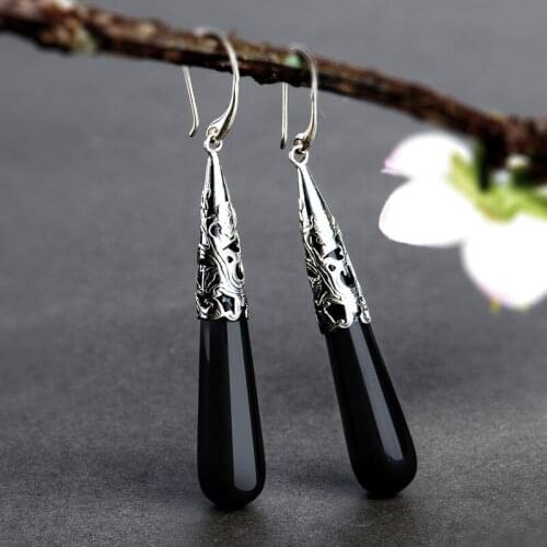 S925 sterling silver retro womens black agate earrings long paragraph personality fashion drop column earrings