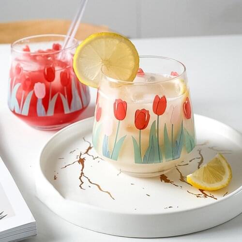 300ml-400ml Vintage Tulip Print Transparent Coffee Milk Glass Cup Beer Wine Whisky Mug Home Kitchen Restaurant Drinking Mugs