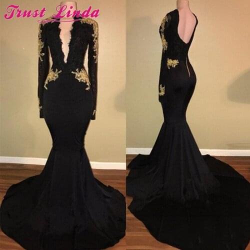 Gorgeous Black Lace Long Sleeves Mother Dresses V Neck Gold Appliques Mermaid Party Dress Plus Size Prom Gowns Custom Made
