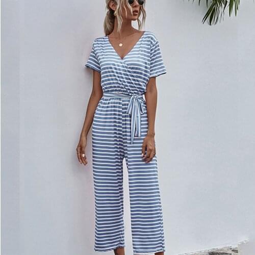 Women Jumpsuit Summer Short Sleeve Loose Rompers Fashion Print Overalls For Women Striped V Neck Belt Casual Wide Leg Jumpsuits