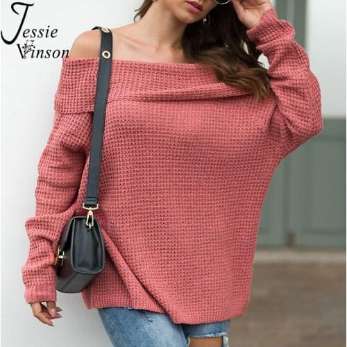 Jessie Vinson Long Sleeve Slash Neck Off Shoulder Sweater Women Casual Loose Pink Warm Sweater Pullover Knitted Sweater Winter