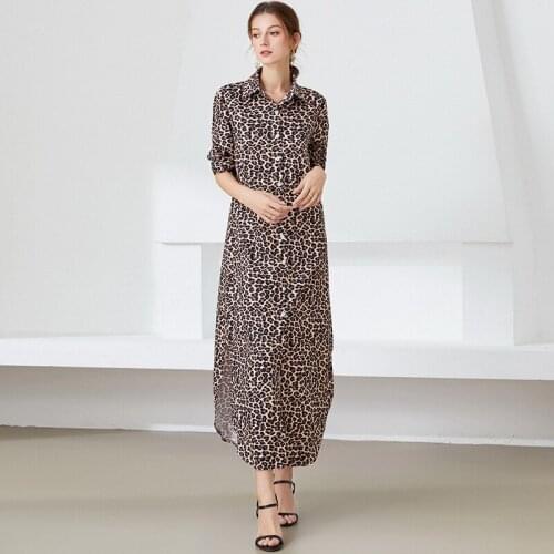 Elegant Womens Leopard Printted Single-breasted Long Shirt Dress 2021 Runway Vestidos Black Sexy Split Beach Maxi Dress k369