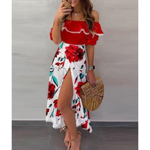 2021 Summer New One-word Shoulder High Slit Short Sleeve Dress Women Sexy Slim High Waist Backless Dress Fashion Print Dress