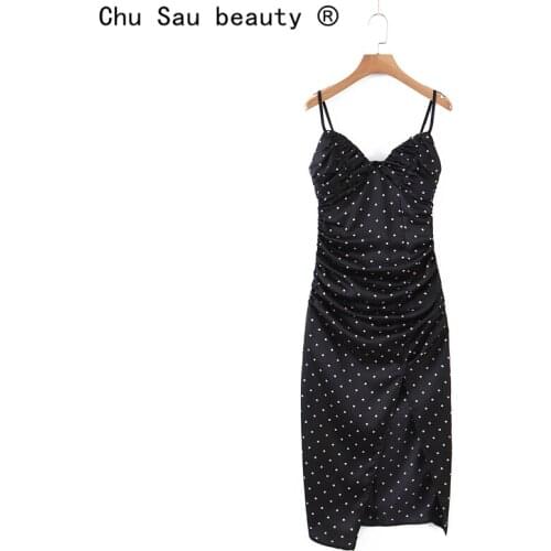 2021 Summer New Sexy V-neck Fashion Black Polka Dot Print Split Halter Strap Midi Dress For Women Vestidos De Mujer Casual