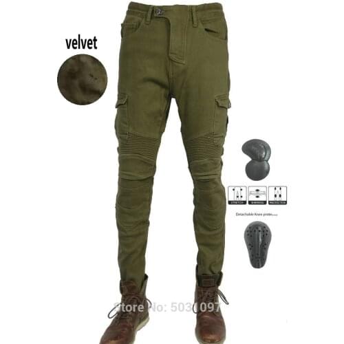 Free shipping winter motorcycle riding pants warm velvet motobiker cycling jeans straight loose casual trousers for knight green
