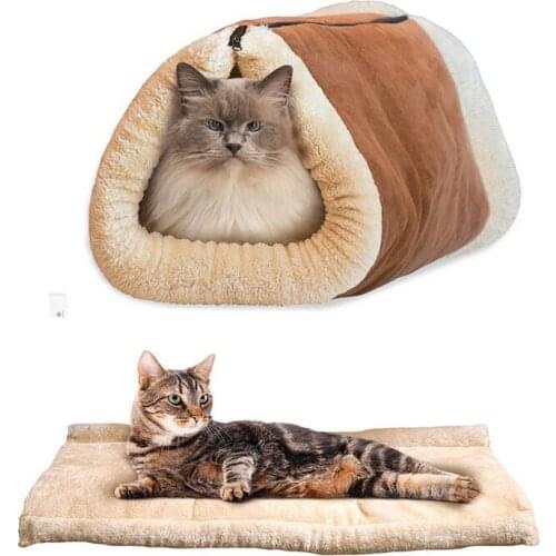 Winter Warm Fleece Folding Cat Tunnel House Small Dog Sleeping Bed Cage Triangle-shaped Cat Tent with Zipper Close Cat Bed
