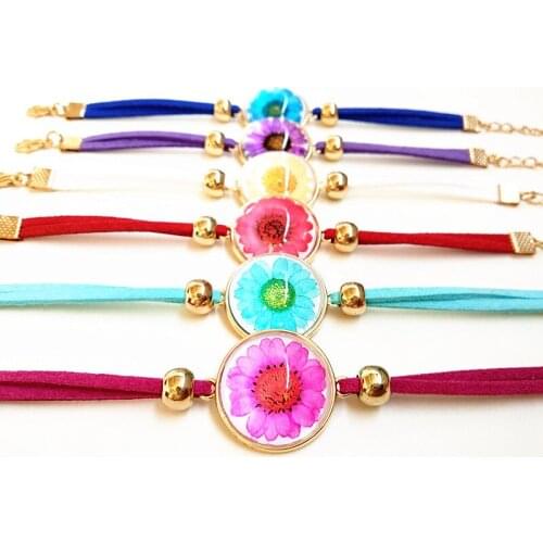 24pcs (6 color mixing) Plated Gold chrysanthemum, daisy dried Rose Pink Blue flower Glass bracelets for Girls wholesale