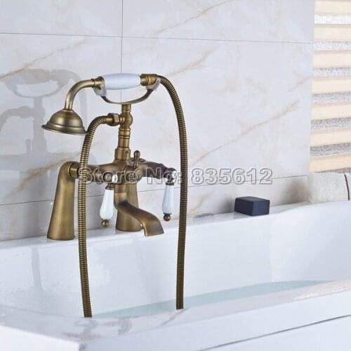 Antique Brass Bathroom Deck Mounted Dual Ceramic Handle Bathtub Faucet Bathroom Shower Handheld Spray Faucets j050