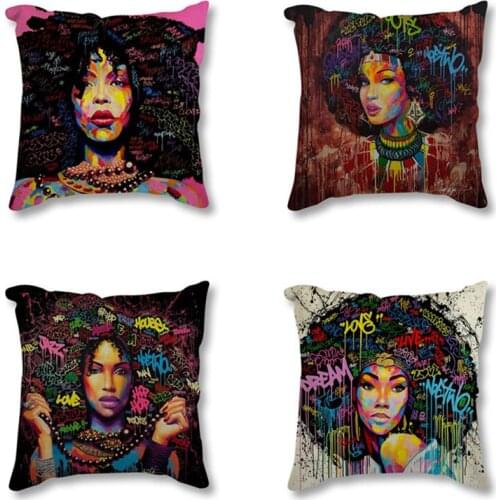 HD Print African Abstract Portrait Decorative Seat Cushion Afro Women Poster Throw Pillow Linen Cushion for Sofa Car Home Decor