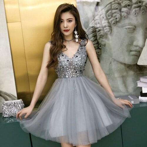 FOLOBE 2021 New Light Gray Party Dresses Women V Neck Beads Sequins Shiny Mini Dresses A-line Tulle Girls Formal Dresses