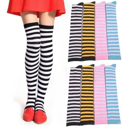 Girls Classic Striped Knee High Socks Lacrosse Long Socks Ladies Thigh High Leg Warmers Socks Christmas Halloween Cosplay Wear