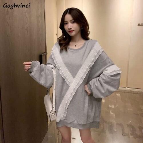 No Hat Hoodies Female Ruffles Solid Oversize Spliced Panelled All-match Simple Ulzzang Trendy Loose Sweet Casual New Elegant