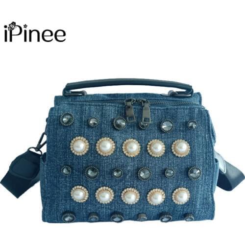 IPinee 2019 high quality Denim Women Handbags Luxury Pearl Tote Bag Shoulder Bag Crossbody Bags For Women sac a main