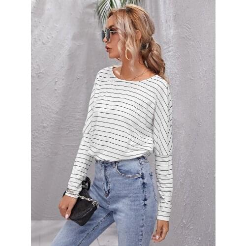 2021 Fashion Casual Autumn Women T-Shirts Jumper Shirt Stripe Round-Neck Long Sleeves Pullover Tops for Girls Black/Gray/White
