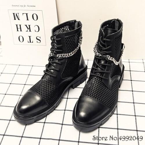 New Summer Gladiator Men Metal Chain Breathable Hollow Out Sandal High Top Thick Bottom Punk Rock Shoes Martin Motorcycle Boots