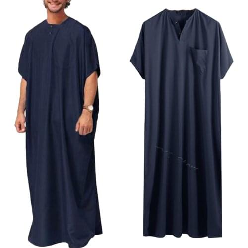 Men Islamic Arabic Kaftan Vintage Solid Short Sleeve Loose Retro Robes Abaya Dubai Middle East Muslim Clothing Plus Size S-5XL