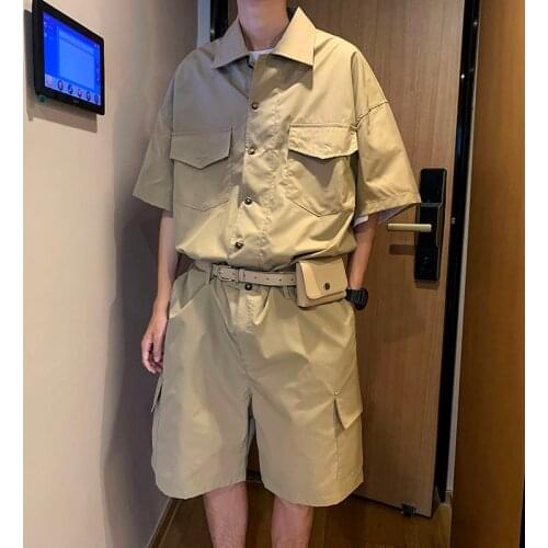 Summer Solid Cargo Short Sleeve Shorts Suit 2021 Multi-pocket Casual Set Tops Pants Sports Tracksuit Men Free Belt Bag