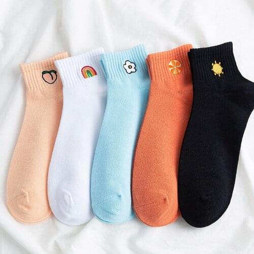 Rainbow Peach Embroidered Patterned Socks Women Fashion New Summer Harajuku Art Socks Female Funny Short Cotton Ankle Socks