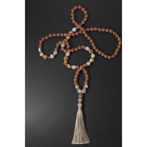 OAIITE 108 Malas Necklace Natural stone Rudraksha Beads Handmade Knot Tassel Necklace Prayer Yoga Jewelry