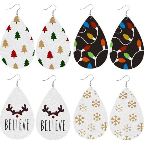 Wholesale Christmas Leather Earrings Christmas Tree Lights Elk Snowflake Hot Sale Leather Drop-shaped Earrings