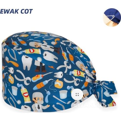 Cute Working Surgical Cap with Butttons Medical Printed 100% Cotton Dustproof Hats Dentist Clinic Beauty Salon Bouffant Cap New